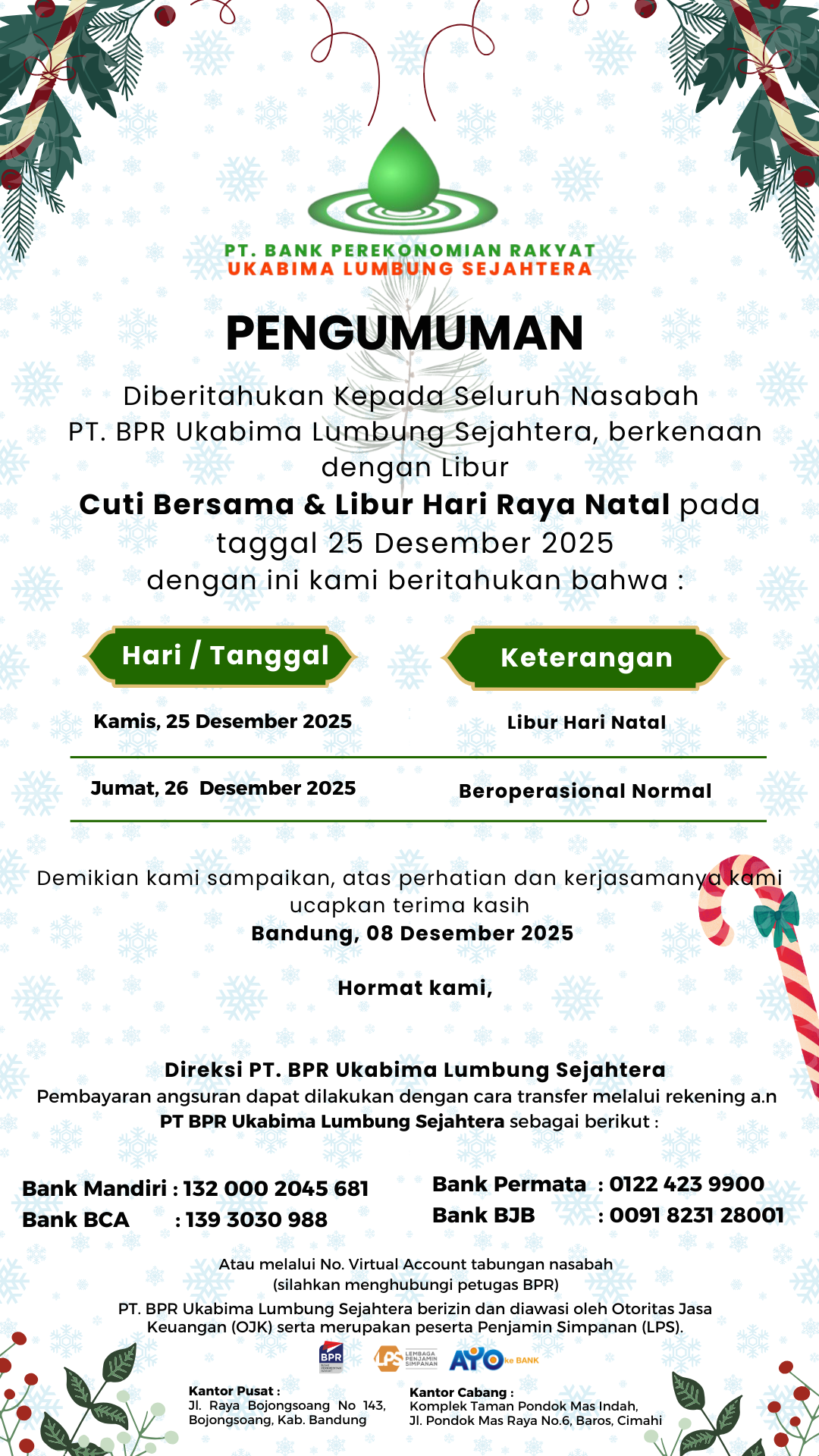 Pemberitahuan Operasional Kantor Tanggal 26 Desember 2025