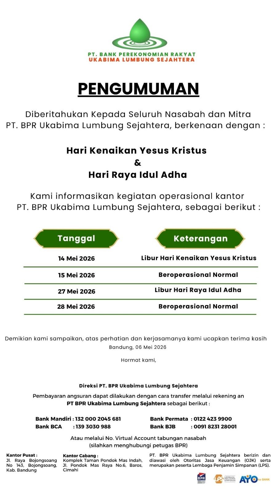 Hari Kenaikan Yesus Kristus & Hari Raya Idul Adha 2026